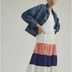 Anthropologie Hutch Fantine Maxi Skirt Elastic Tie Waist Coral Blue Ivory